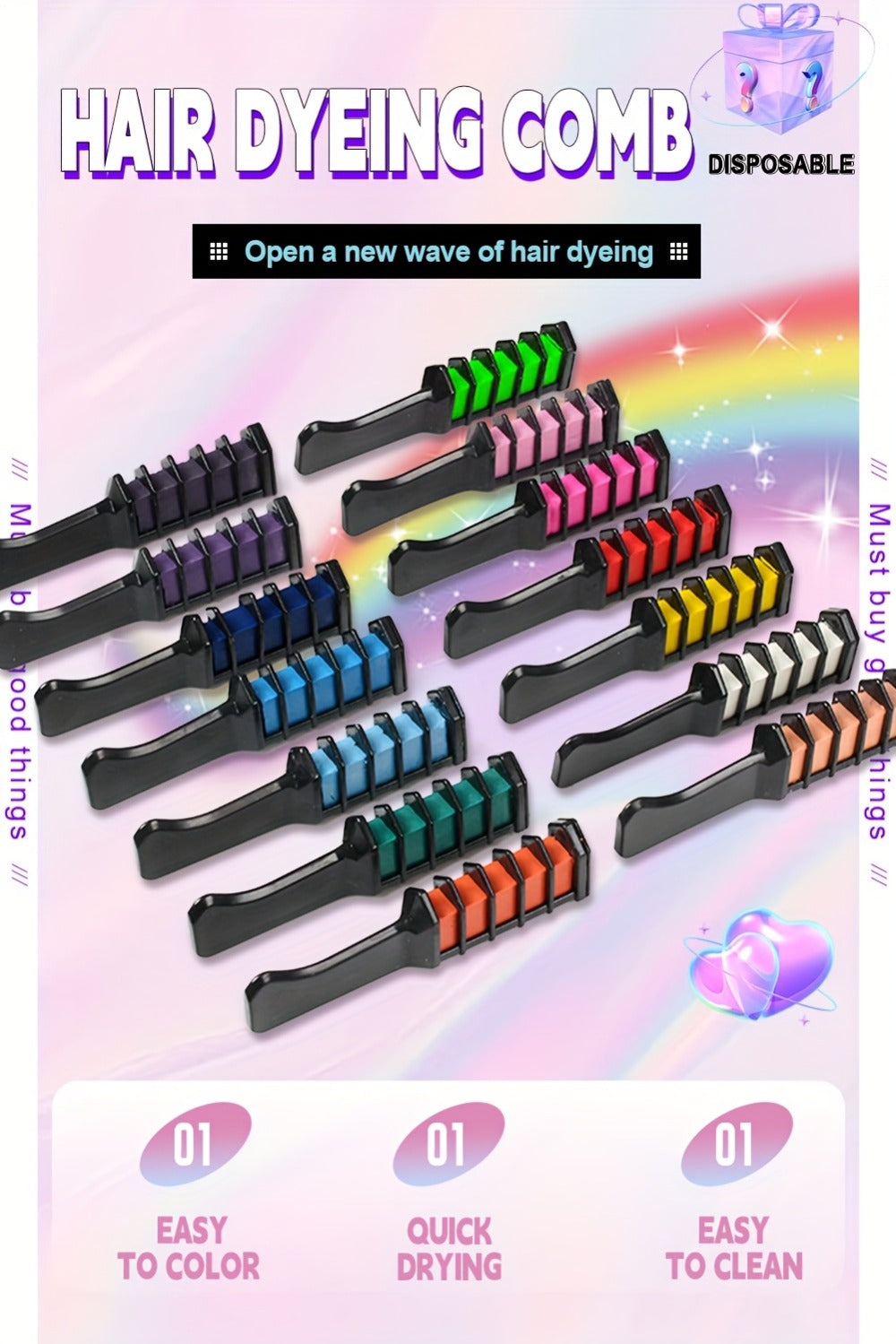 Hair Dye Chalk Comb 14-Color Set — Temporary Washable Hair Color, Plant-Based Squalane & Glycerin Formula, Vibrant Creative Styles for Parties & Events, Safe for All Hair Types