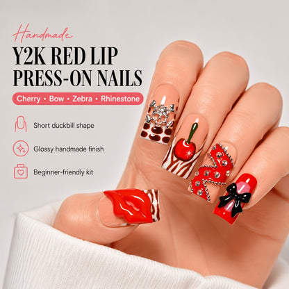Acrylic Press On Nails Duckbill Short – 3D Red Lips, Skull, Cherry & Bow Rhinestone | Zebra Stripe Polka Dot Sweet Cool Nail Art for Party & Daily Wear, 10pcs S/M/L