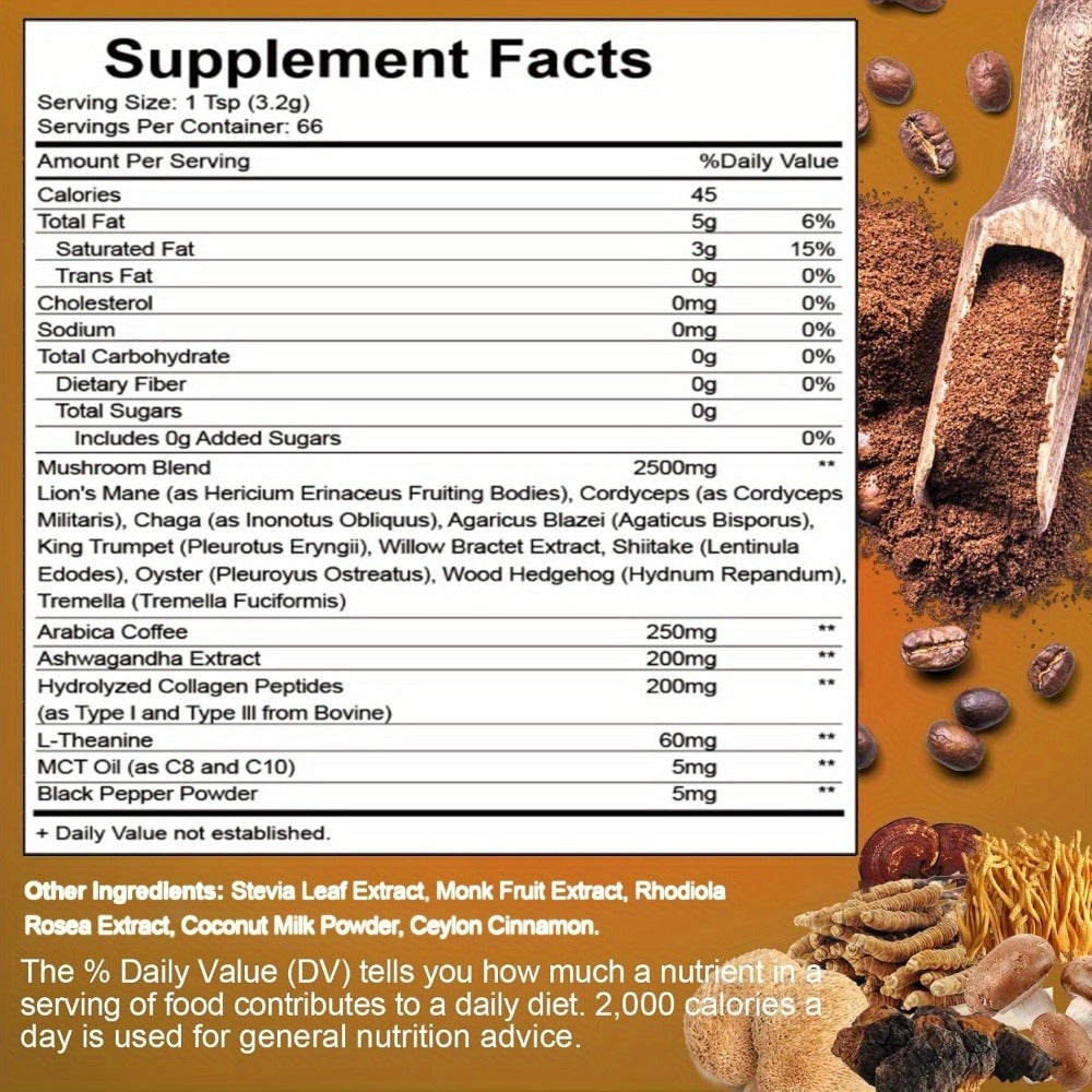 Mushroom Coffee Blend Powder Mushroom Coffee - Instant Coffee Blend of Ganoderma Lucidum, Cordyceps Sinensis, Lion'S Mane Mushroom, Birch Brown Pore Mushroom, And Chanterelle Mushroom - Mushroom Coffee Powder, Ideal for Gift Giving