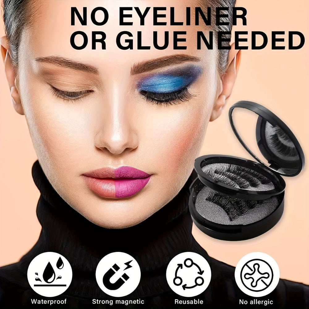 8 Pairs of Natural Glue Free 3D False Eyelashes, No Eyeliner, Reusable Dual Magnetic False Eyelashes Set, with Clip, Reusable, Waterproof, Glue Free, Easy to Wear At Christmas, Ladies Gift