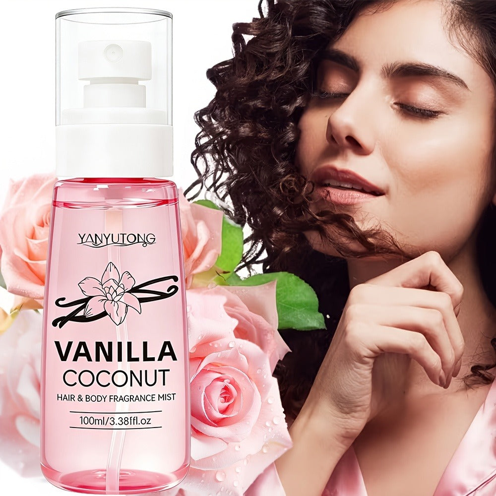 Coconut Vanilla Fragrance Mist Hair & Body Spray Alcohol-Free Vitamin E Argan Oil Glycerin Moisturizing Long-Lasting Floral Scent for Women 100ml Gift