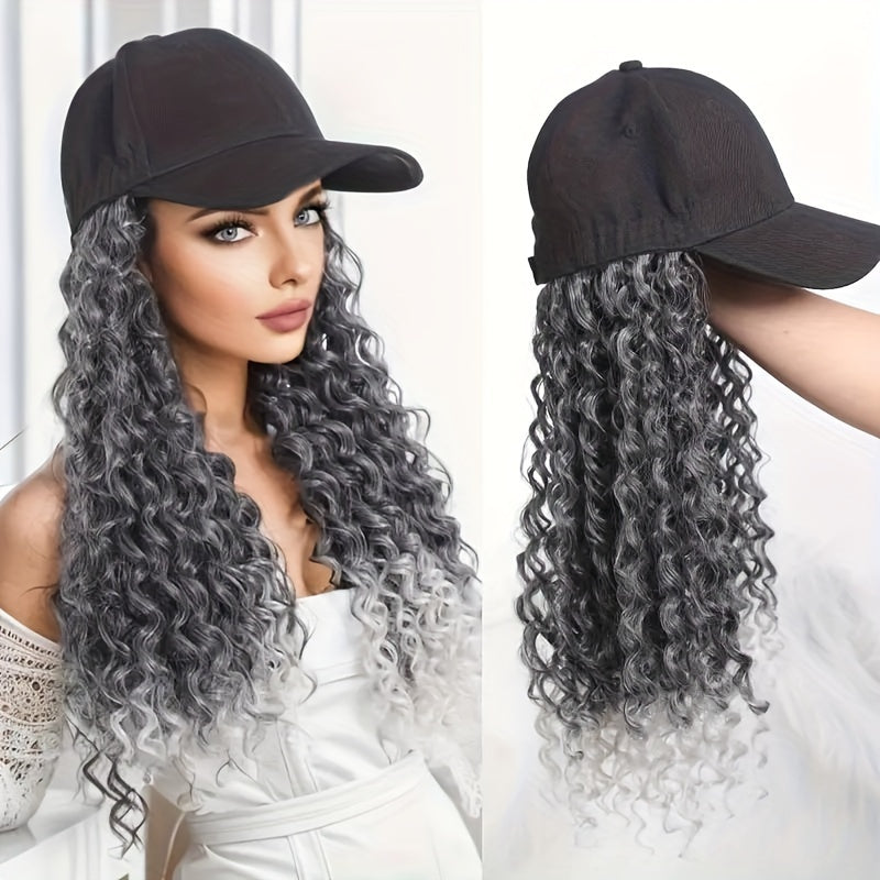Elegant Women'S Baseball Cap Wig with Long Afro Kinky Curls, Synthetic High-Temperature Fiber Hairpiece with Adjustable Elastic Net Cap, Versatile Styling for All - Black Hat+Wig Combo