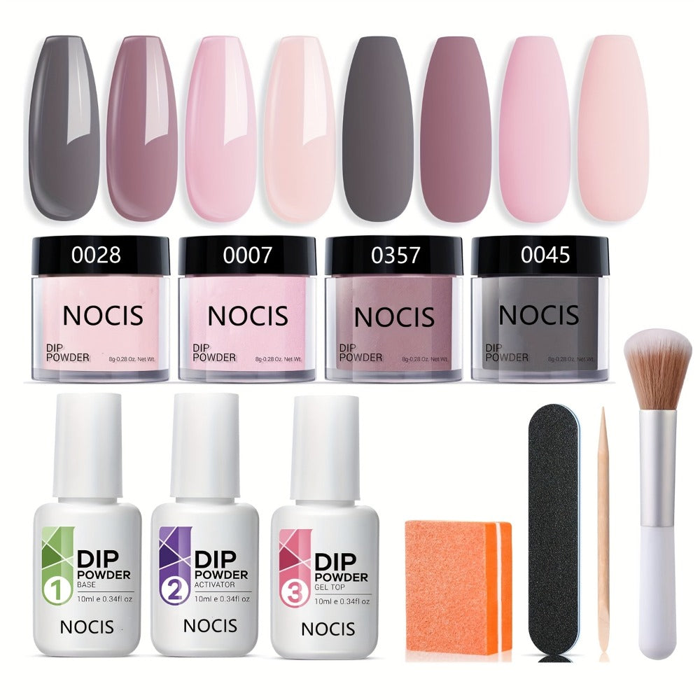 Dip Powder Nail Kit 11pcs Complete Set - 4 Colors Nude Grey Pink No Lamp Base Coat Top Coat Activator Nail Tools French Manicure Home Salon