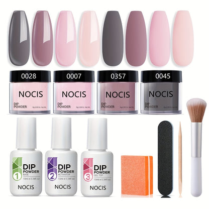 Dip Powder Nail Kit 11pcs Complete Set - 4 Colors Nude Grey Pink No Lamp Base Coat Top Coat Activator Nail Tools French Manicure Home Salon