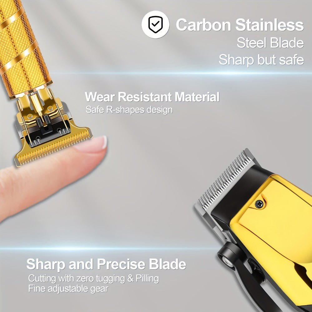 Golden Hair Cutting 1/3pcs Set, Men'S Grooming Kit. USB Rechargeable, LCD Display. Includes 1 Black And Golden Professional Hair Clipper + 1 Golden Men'S Razor + 1 Golden T-Blade Trimmer + 8 Guide Combs + 3 Cleaning Brushes + 1 Comb