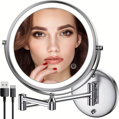 Wall Mounted Lighted Makeup Mirror 10X Magnification, 8 Inch LED Vanity Mirror 1X/10X Double Sided, 3 Color Lights Touch Dimmer 360° Swivel Rechargeable — Black Silver Gold
