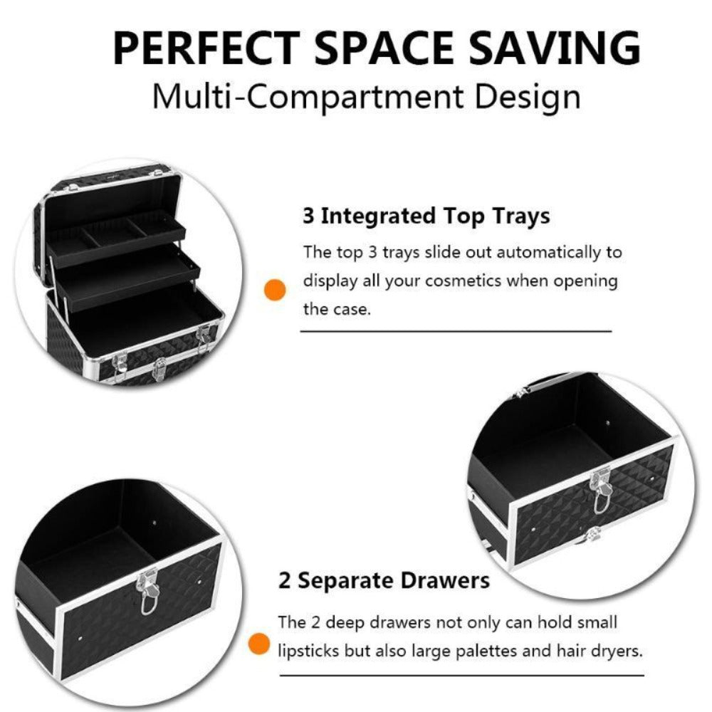 OmySalon Aluminum Rolling Makeup Train Case, Portable Makeup Organizer Suitcase, Cosmetic Storage Box, Travel Beauty Luggage Trolley Lockable W/4 Removable Wheels & 2 Sliding Drawers, Valentines Day Gift for Her (Black), Valentine's Day And Other Festival