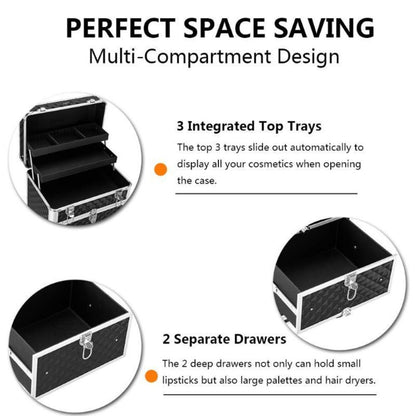 Rolling Makeup Train Case Aluminum Lockable Trolley with 4 Wheels 2 Sliding Drawers Telescopic Rod Portable Cosmetic Organizer Suitcase for Makeup Artists Salon Travel Beauty Storage Black