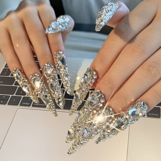 10pcs Handmade Press on Nails Kit Rhinestone Decor Luxury Extra Long Pointed Almond Nails Box Included Free Nail Tool Stickers Nail Charm DIY Salon Nail Art Party Christmas Silvery Acrylic Nail Y2K Nail Supplies Fake Nail Tip Poly Gel Nail Extension