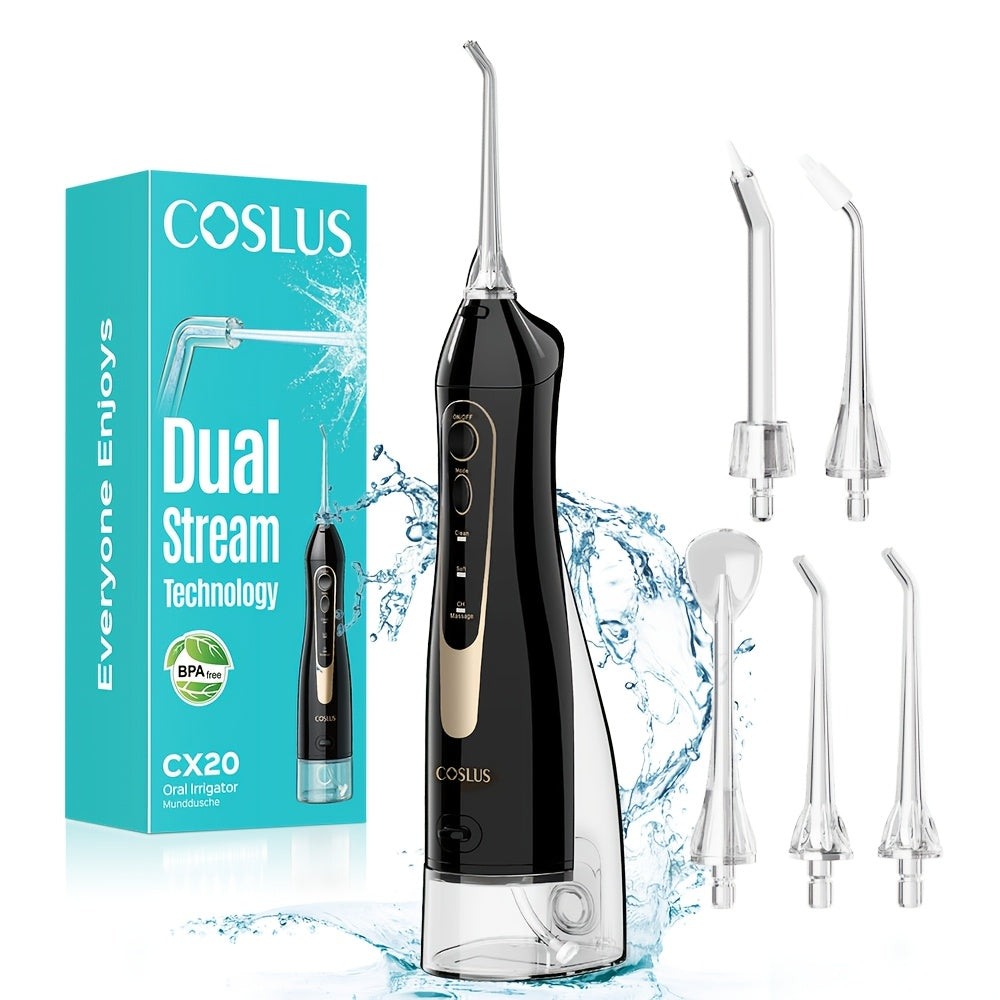 COSLUS CX20 Water Dental Flosser Teeth Pick: Portable Cordless Oral Irrigator 10.14oz Rechargeable Travel Irrigation Cleaner Electric Waterflosser Flossing Machine for Teeth Cleaning Black, Valentines Day Gifts