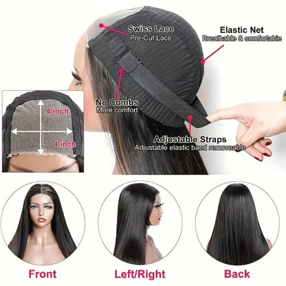 Wear and Go Wig Human Hair 4x4 HD Lace Closure — Glueless, Pre-Plucked, 200% Density, Straight, Pre-Cut Lace, Ready to Wear Wig for Women, Natural Black, 16–36 Inch