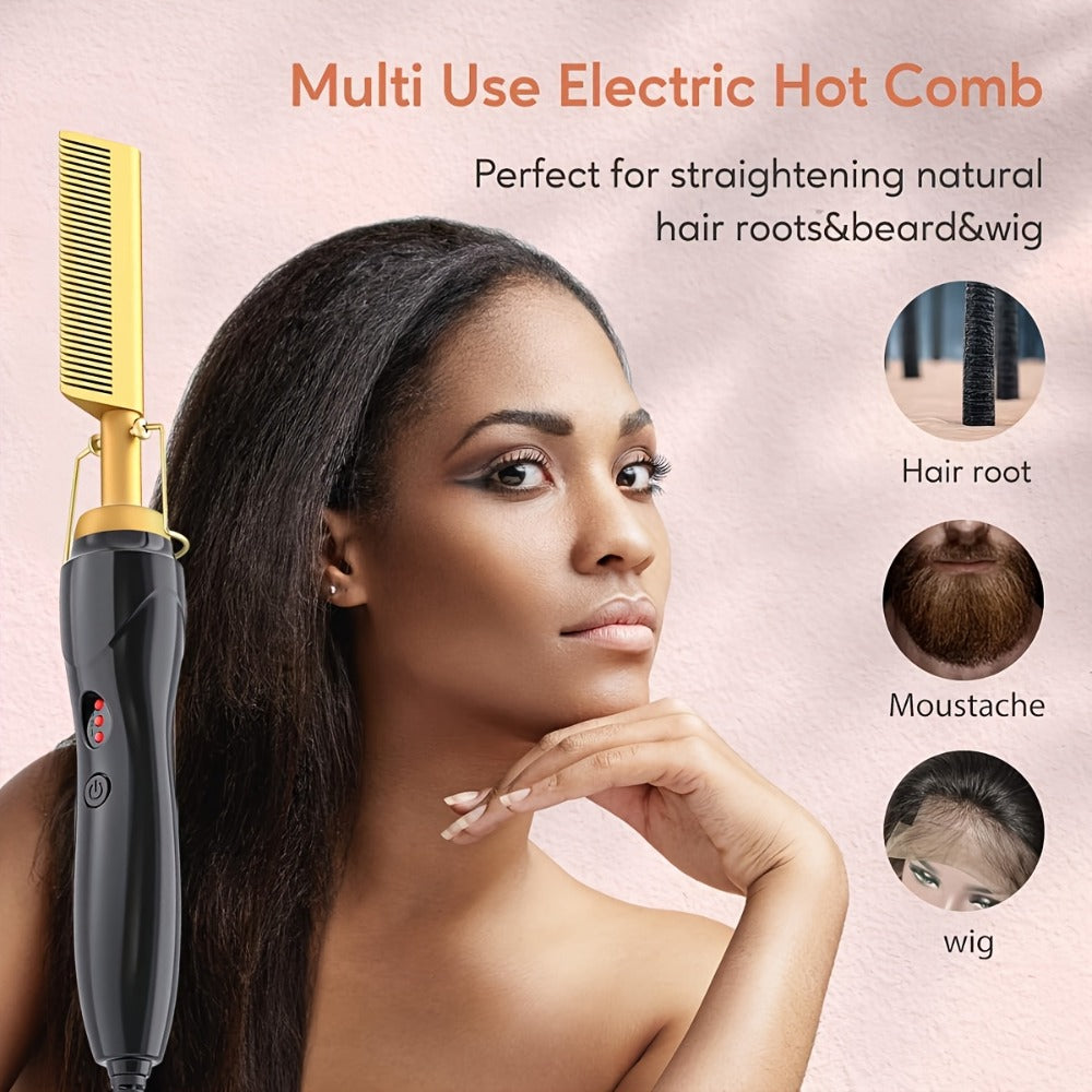Hot Comb Hair Straightener, Electric Comb, Portable Travel Anti-Burn Beard Straightener Press Comb Ceramic Curler Flat Curler
