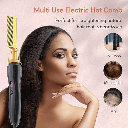 Hot Comb Hair Straightener Electric Ceramic – Portable Travel Anti-Burn Press Comb for Hair & Beard Straightening – Pink, Gold, Black, Gradient, Avocado Green