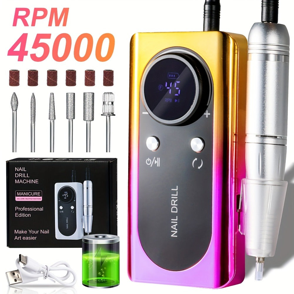 45000RPM Portable Electric Nail Drill Machine with LCD Display Nails Sander for Acrylic Gel Polish Rechargeable Nail Tool
