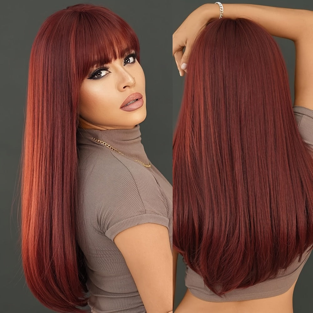 Long Straight Synthetic Wig with Bangs 28 Inch Burgundy Wine Red Heat Resistant for Women Daily Wear Holiday Party Cosplay Natural Look