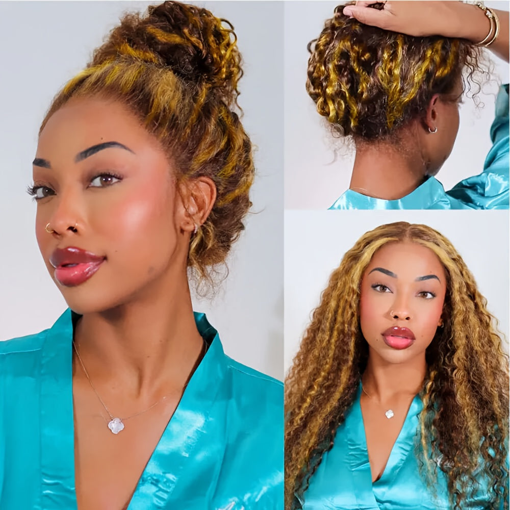 Honey Blonde Ombre Wig P4/27 Highlight Long Deep Wave Wig Long Curly Wavy Wig 200% Density Pre Plucked Glueless Wig HD Lace Ready To Wear Wigs Heat Resistant Fiber Wig For Fashion Women Girls Party Vacation Daily Used 28inch