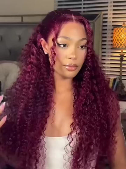 Lace Front Wig 200% Density HD Transparent Lace Curly Deep Wave 99J Burgundy Glueless Wig Pre Plucked Bleached Knots Natural Hairline Long Voluminous Women 32 Inch