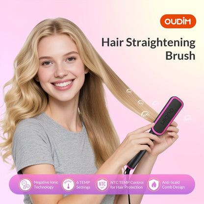Hair Straightener Brush Ionic — Anti-Scald Straightening Comb for Women, Precise Temperature Control, Auto Shut-Off, Salon-Quality Flat Iron Results at Home, Gift for Her