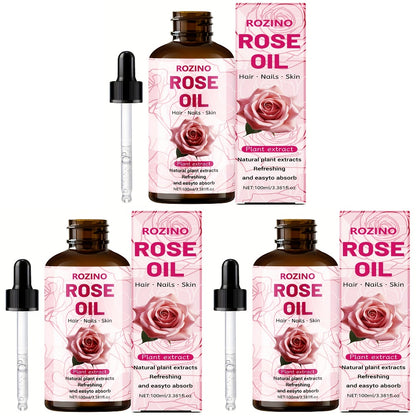 Rose Essential Oil — Premium Pure Rose Scent for Massage, Aromatherapy, Skin Care, Hair, Nails, Face, Body & Lashes, Unisex, 100ml or 3pcs×3.38oz