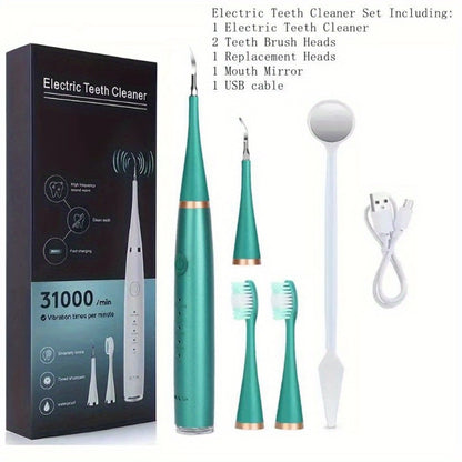 Electric Teeth Cleaner Kit USB Rechargeable 5 Cleaning Modes Dental Scaler Plaque Tartar Remover Gum Health Tool Holiday Gift Set for Family Friends Adults Black White Green