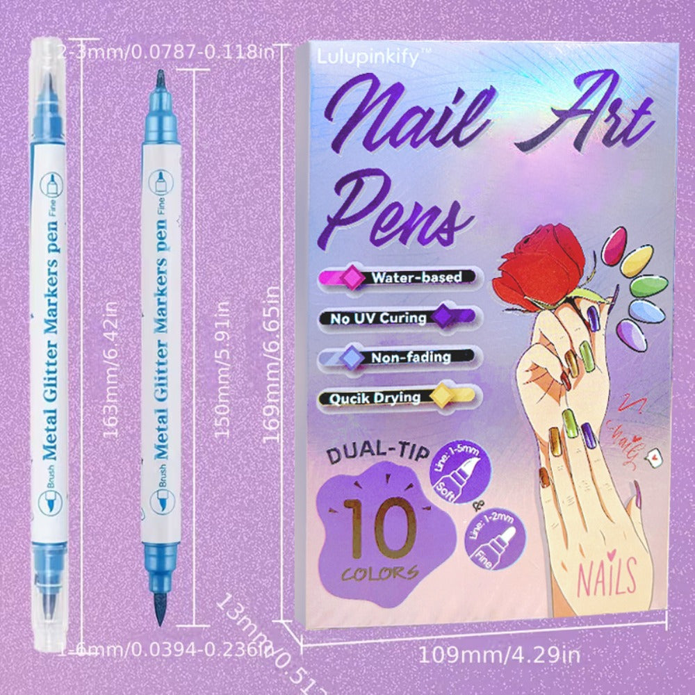10 Color Metallic Nail Art Pens Set with 12pcs Nail Stickers| Due-Headed 3D Nail Polish Pen| Acrylic Doodle Nail Markers, Nail Paint Dot Stitching Pens, Graffiti Pens for Home Salon Nail Gift Graduation
