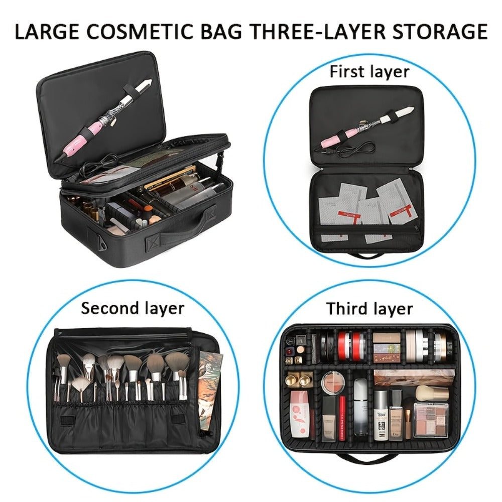 Makeup Case, Professional Train Case Large Makeup Bag, Travel Cosmetic Organizer Brush Holder Makeup Artist Storage Box, for Cosmetics Makeup Brushes Toiletry Jewelry Digital Accessories, 15.8 Inches, with Adjustable Dividers and Shoulder Strap