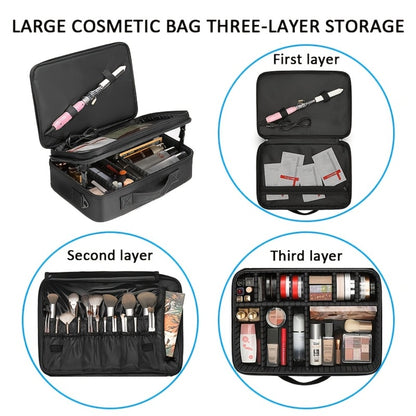 Professional Makeup Train Case 3-Layer Large Travel Cosmetic Organizer with Adjustable Dividers Shoulder Strap Brush Holder 15.8 Inch Makeup Artist Storage Box Black