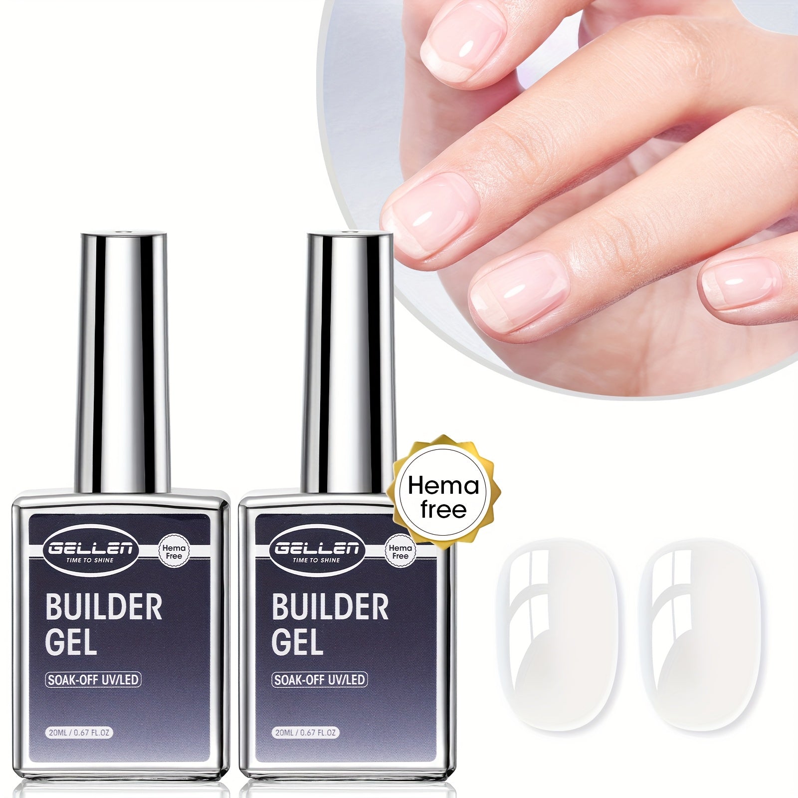 Gellen Clear 5-In-1 Hema-Free Builder Gel for Nails, 0.68oz for Nail Strengthener in a Bottle, for Nail Extension Hard Gel, Soak Off Long-Lasting Light, Base Coat Top Coat Needed