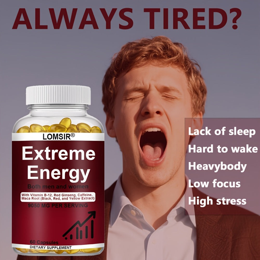 [Extreme Energy Capsules] Extreme Energy Capsules - 9050mg Supplement with Red Ginseng, Maca & Saw Palmetto - Everyday Energy Support for Men & Women - 60 Softgels