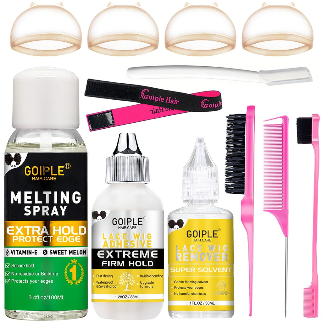 Goiple Wig Styling Kit - Melting Spray, Wig Tool, Lace Wig, And Lace Bonding Kit for Effortless Wig Installation, Lace Glue Kit, Wig Installation Kit, Wig Kit, Wig Supplies, Resistance Bands, Wig Caps, Edge Brush, Hair Comb, Wig Glue, Remover