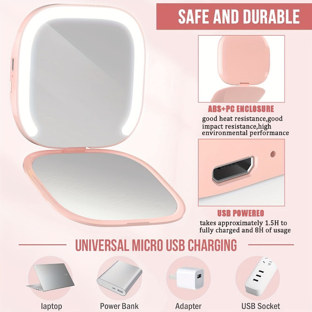 Two-Sided Magnifying Mirror with LED Lights, Featuring Three Brightness Levels, USB Charging, a Foldable And Portable Design, a Polished Plastic Frame, And an Animal Theme, Ideal for Makeup And Travel