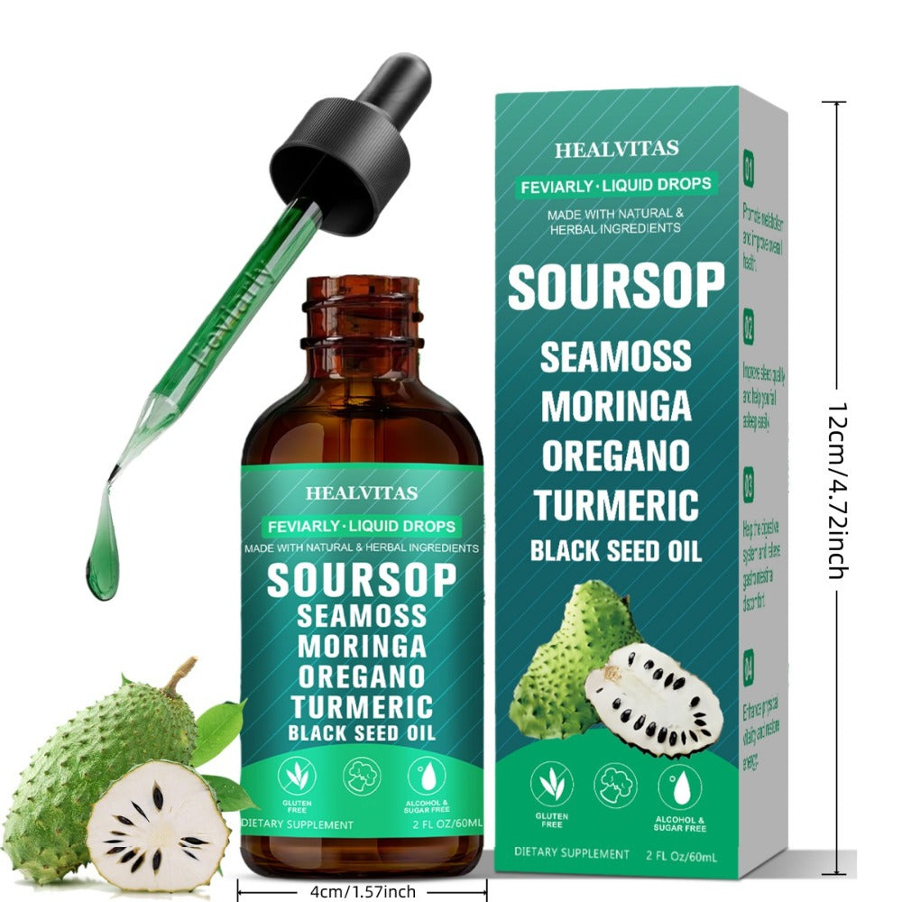 Natural Soursop Bitters Liquid 10-In-1, Highly Absorbable with Natural Soursop Seaweed Moringa Turmeric Black Seed Oil Oregano South African Drunken Tomato, Herbal Extracts Supports Digestion & Intestinal Health, Easy to Take Liquid Supplement, 2 oz