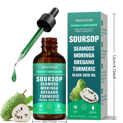 Soursop Bitters Liquid Supplement 10-in-1 2oz | Seaweed Moringa Turmeric Black Seed Oil Oregano Herbal Extracts | Highly Absorbable Digestive & Intestinal Health Support for Men & Women