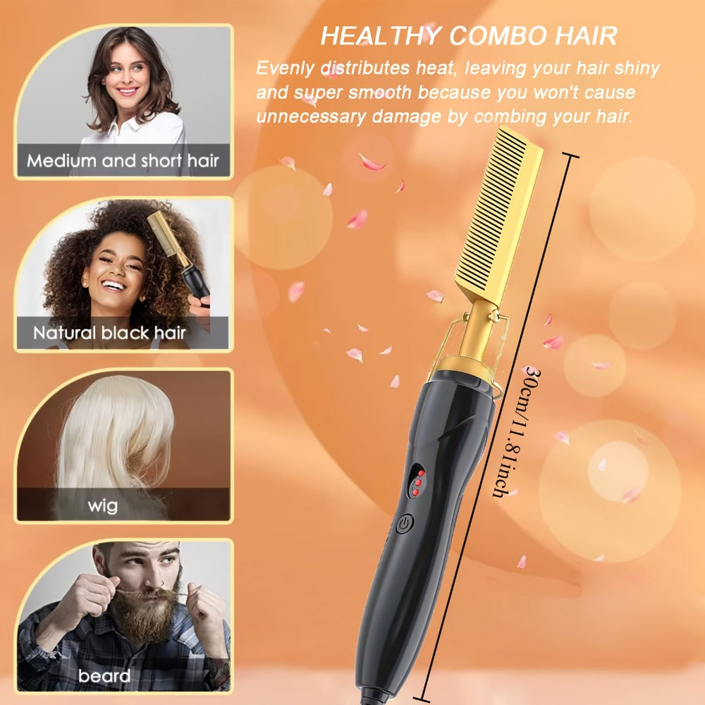 Hot Comb Hair Straightener, Electric Comb, Portable Travel Anti-Burn Beard Straightener Press Comb Ceramic Curler Flat Curler