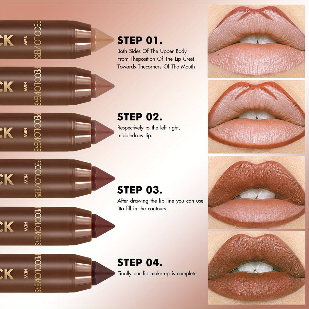 6pcs Matte Lip Liner in Brown Tube, Long-lasting, Smooth Contouring, Non-smearing, Used to Outline and Fill Lips, Various Shades