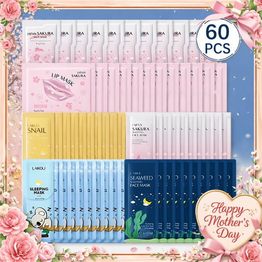 60pas Moisturizing Mask, Including 10 Cherry Blossom Lip Mask, 10 One-sided Mask, Cherry Blossom/snail/seaweed/sleeping Mask, Moisturizing Mask, The Best Gift Choice, Party Gift, Valentine's Day Gifts, Best Christmas Gifts
