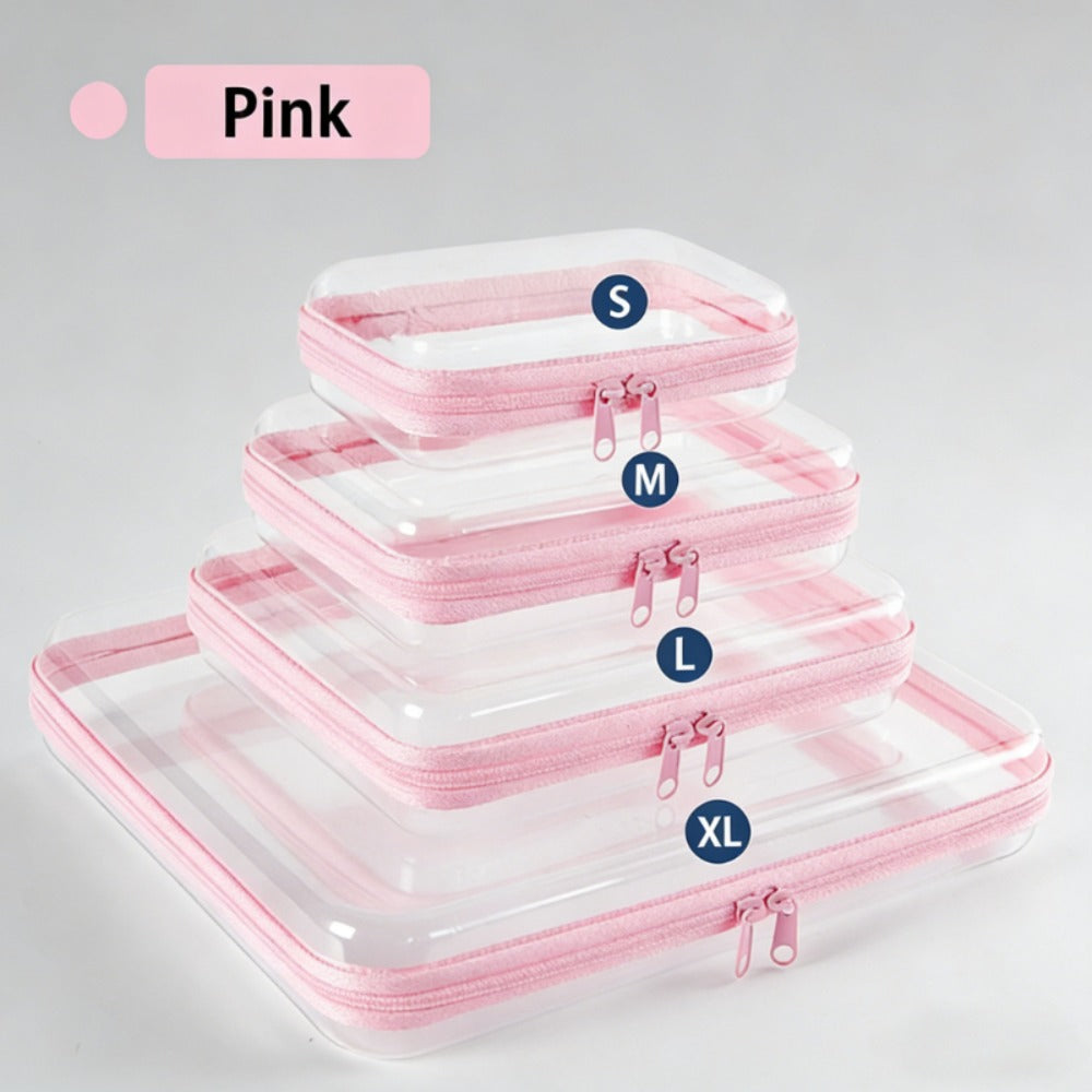 Four Piece Set of Hard Transparent Zipper Storage Bag, Plastic Pencil Case, Transparent Storage Box Suitable for Cosmetics, Snacks, Building Blocks, And Puzzles, Makeup Bag And Makeup Bag (Small, Medium, Large, Extra Large)