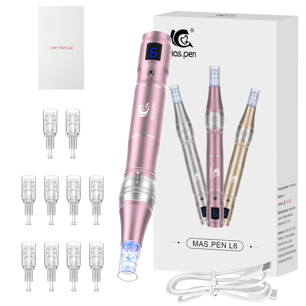 Adjustable 6 Level Derma Pen/Mas Pen with 10pcs Screw Replacement Tips 0.15mm, 500mAh Built-in Battery, Great At-home Skincare Tool