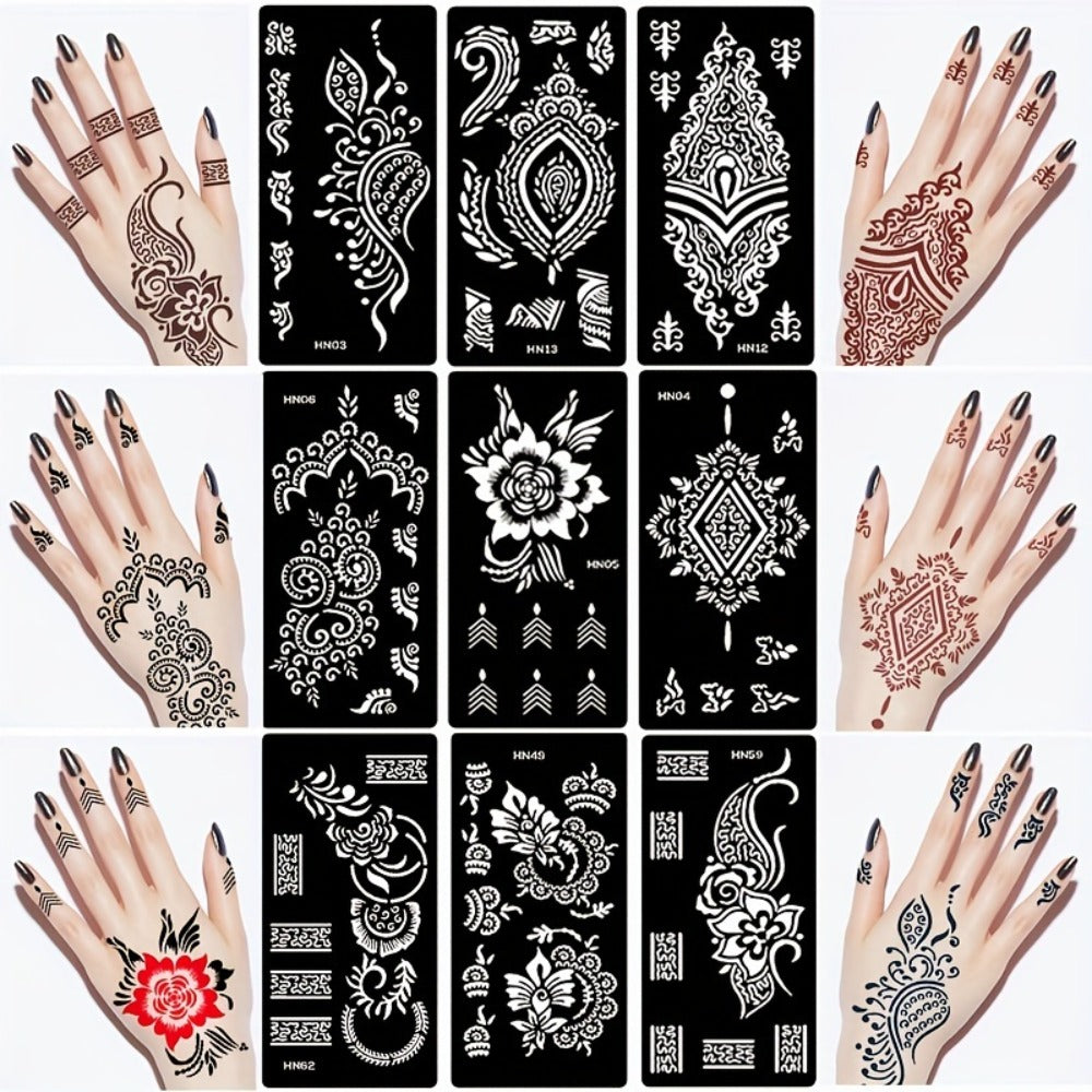 9 Reusable Temporary Tattoo Templates for Arms, Hands, Navels, Legs, Large Flower Tattoo Supplies, Stone Glitter Airbrush Painting Templates for DIY Fake Tattoos for Parties