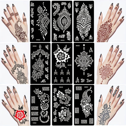 Tattoo Stencil Templates Reusable 9 Sheets Large Flower Designs Airbrush Glitter Body Art Stencils Kit for Arms Hands Navel Legs DIY Party Fake Temporary Tattoo Supplies