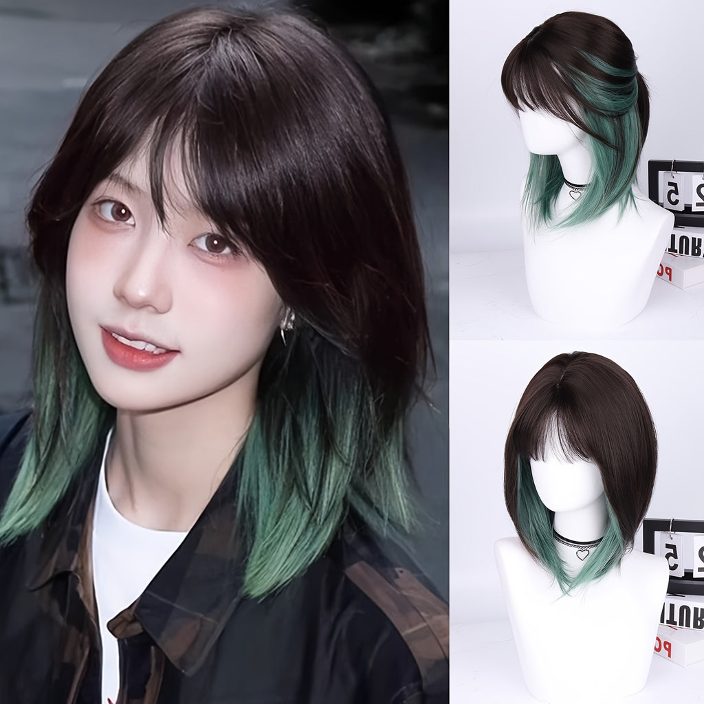 Women's Dark Black Green Ombre 16-Inch Short Bob Straight Wig with Bangs - High-Density 150% Synthetic Hair, Rose Net Cap for Halloween, Christmas, Cosplay & Parties - Elegant Style, Suitable for All Ethnicities, Party Accessory