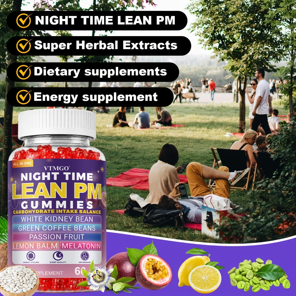 NIGHT TIME LEAN PM GUMMIES: White Kidney Beans, Green Coffee, Lemon Balm, Melatonin, Passionflower - Nature's Source Of Quiet Balance. Night Quietly Becomes The Starting Point for Health, Balance And Change.(60).(1/4/5 Bottles).Family & Holiday Gifts