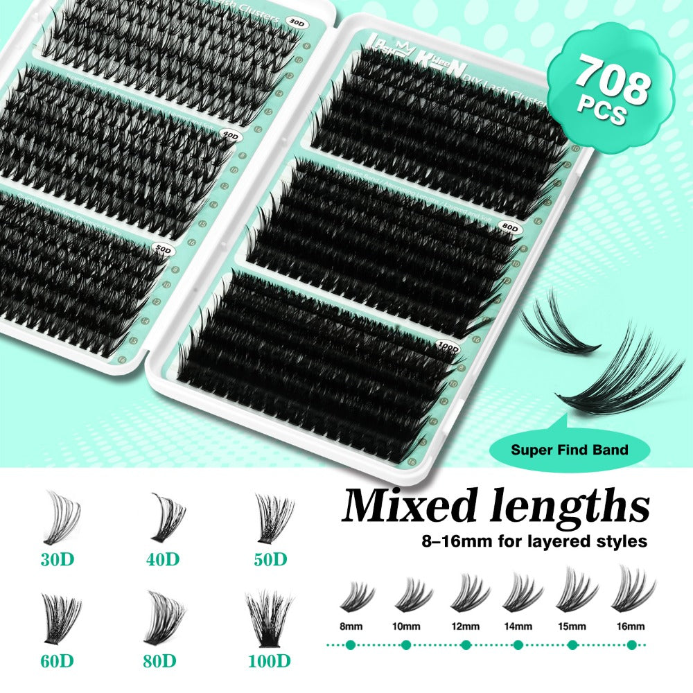 708pcs Mega Lash Clusters Kit with Tweezers Glue & Brush, Ultimate False Eyelashes Collection for Party Wedding Daily Makeup, Soft Silky Fiber Lashes, Full Voluminous Easy Apply Lash Extension Set