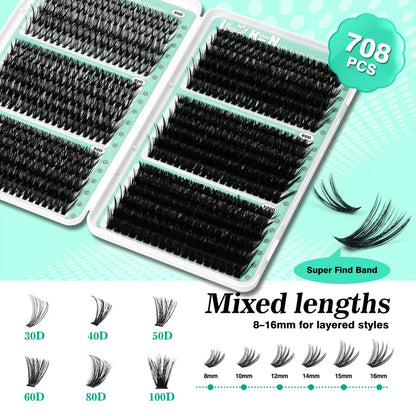 Lash Clusters Kit 708Pcs with Tweezers, Glue & Brush – Soft Silky Fiber False Eyelashes, Full Voluminous DIY Lash Extension Set for Party, Wedding, Bridal & Daily Makeup, Beginner to Pro