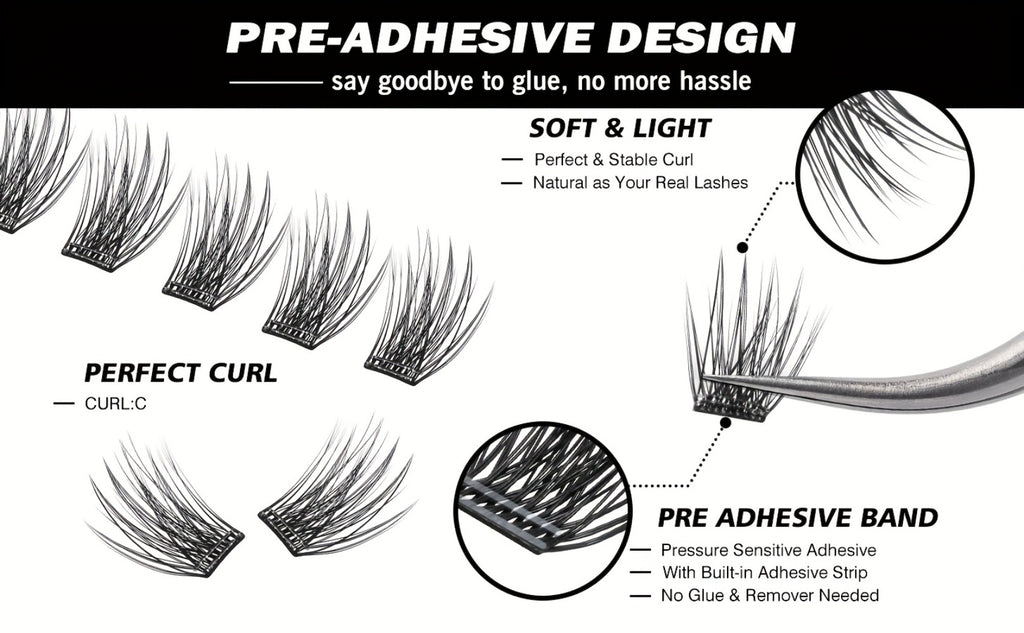 Self Adhesive Eyelashes, 156pcs Self Adhesive Eyelash Clusters, No Glue Needed, Invisible 2-Strip Tape - Longer Lasting, No Sticky Residue Pre Glued Eyelashes (Volume-Mixed)