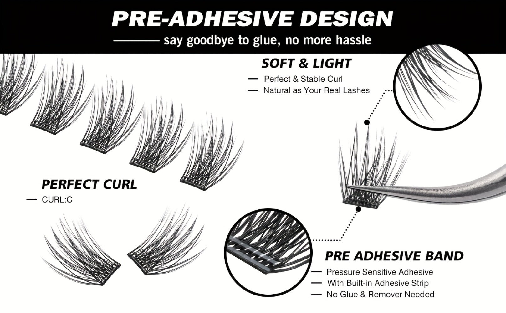 Self Adhesive Eyelashes, 156pcs Self Adhesive Eyelash Clusters, No Glue Needed, Invisible 2-Strip Tape - Longer Lasting, No Sticky Residue Pre Glued Eyelashes (Volume-Mixed)