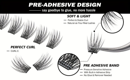 Pre-Glued Eyelash Clusters 156 Pcs — Invisible 2-Strip Tape Self Adhesive Lashes, No Glue Needed No Sticky Residue, Volume Mixed Longer-Lasting DIY Cluster Lash Extensions for Women