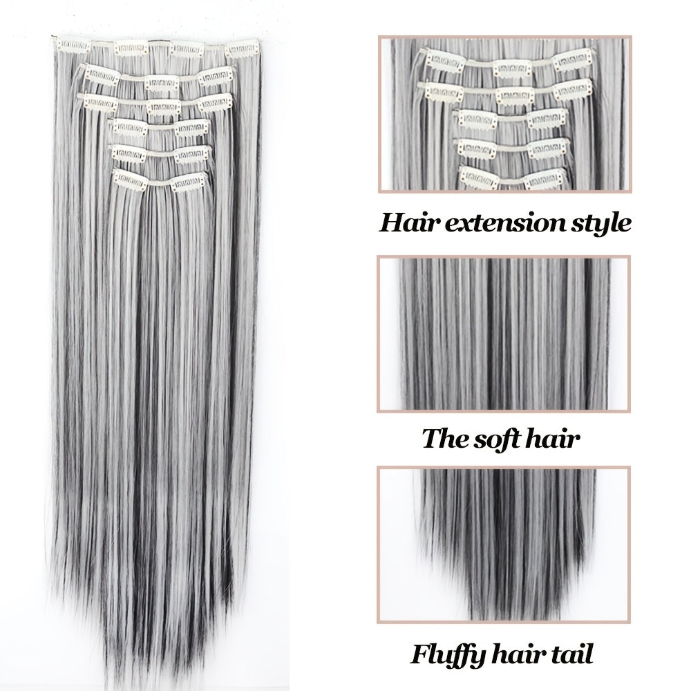 Set of 6pcs, 24-Inch Synthetic Heat-Resistant Clip-In Hair Extensions in Black And Gray, Ideal for Women to Wear at All Saints' Day Celebrations