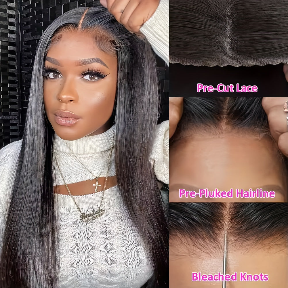 Pre Cut Glueless Wigs Real Human Hair Put on And Go Bone Straight Human Hair Wigs for Women Pre Plucked 6X4.5 Ready to Wear Instantly Without Glue 3 Seconds to Wear Glueless Wig 200 Density Transparent Lace Front Human Hair Wigs Halloween Costume