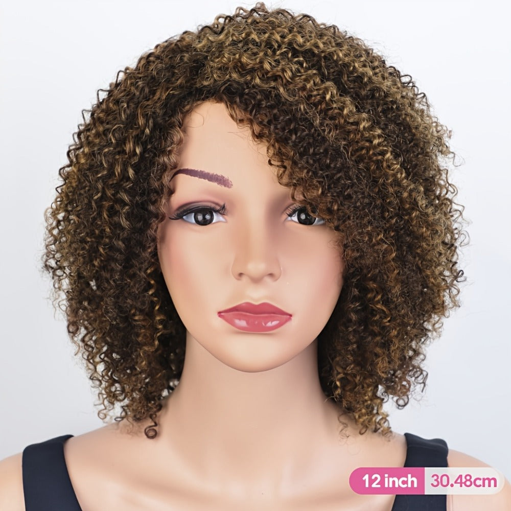 Jerry Curl Human Hair Wig with Bangs Glueless Short Kinky Curly Brazilian Remy Highlight Wig 12 Inch Women P4/30/27 P1B/30 Natural Voluminous Look